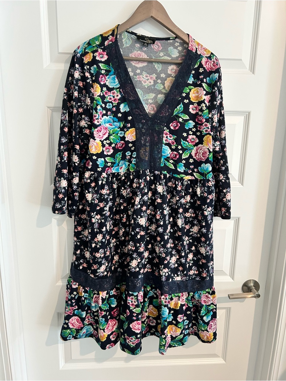 Suzanne Betro Floral Lace Trim Dress Navy Pink Multi Size XL